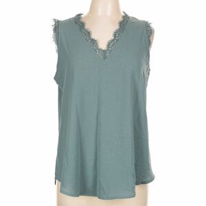 Sleeveless V-Neck Lace Trim Tank Top - Slate Blue Green size Large